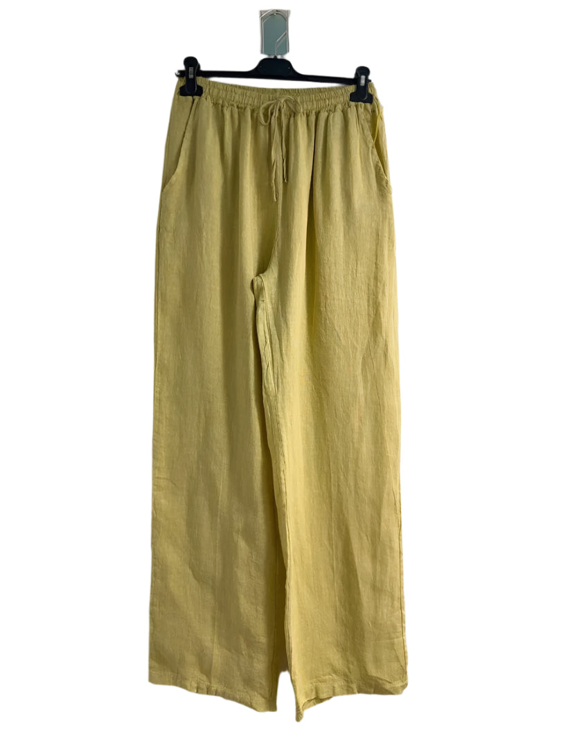 Yellow pants on a hanger against a white background