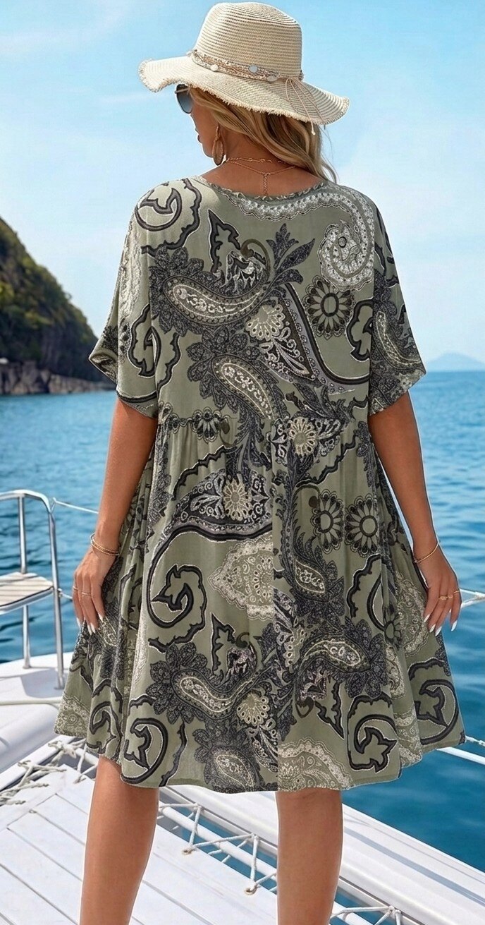 back view of printed kaki dress