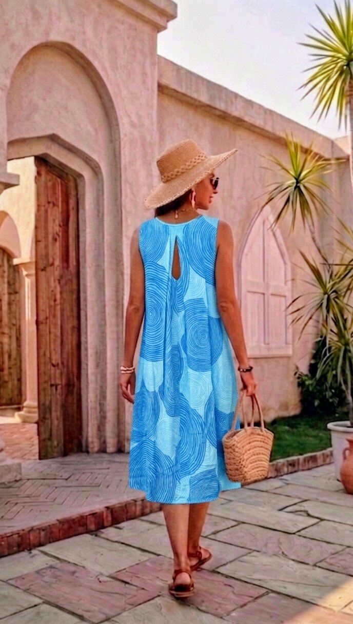 back view of sleeveless printed bue dress