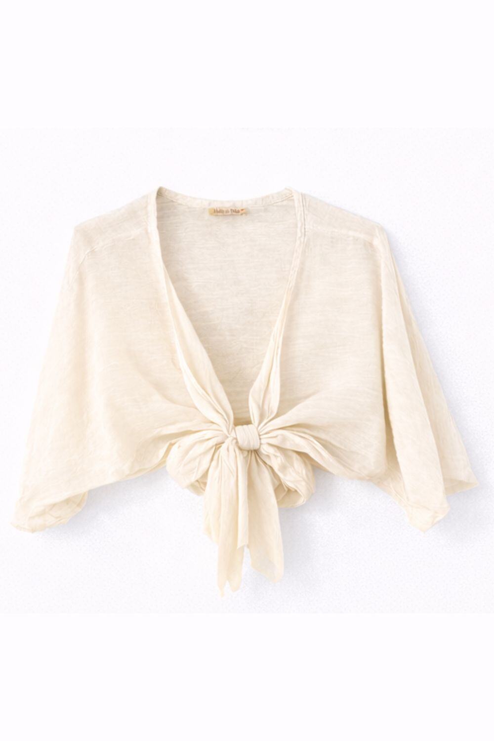 beige-colored cardigan with a knot detail on a white background