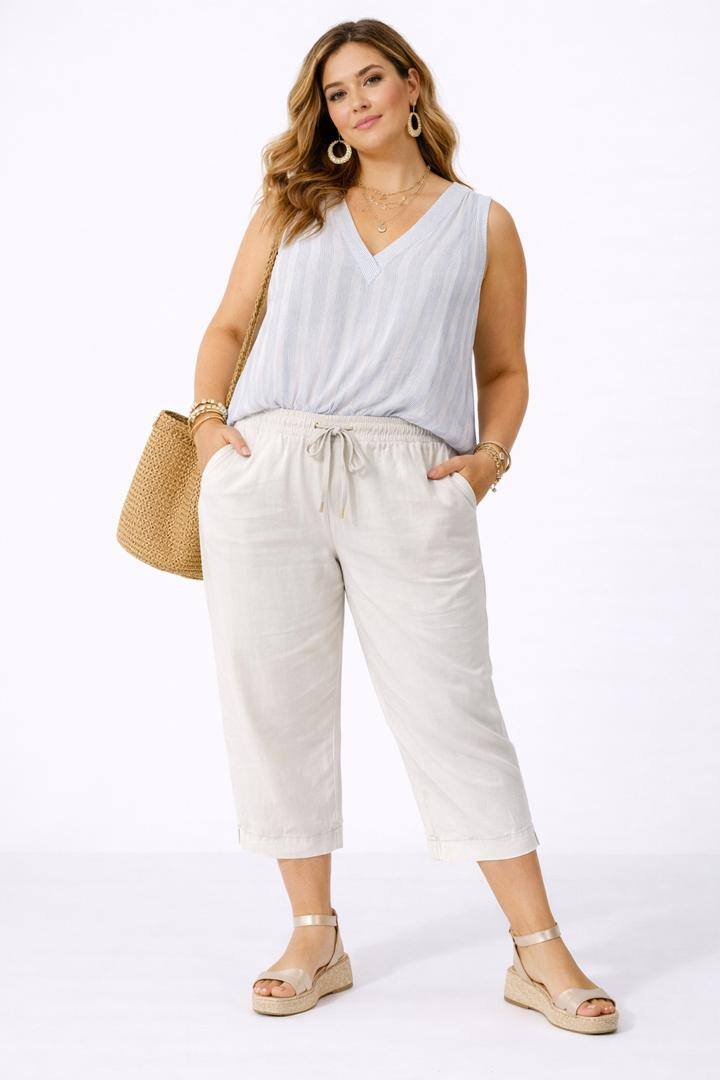 Woman wearing a white sleeveless top and beige pants, standing against a white background.