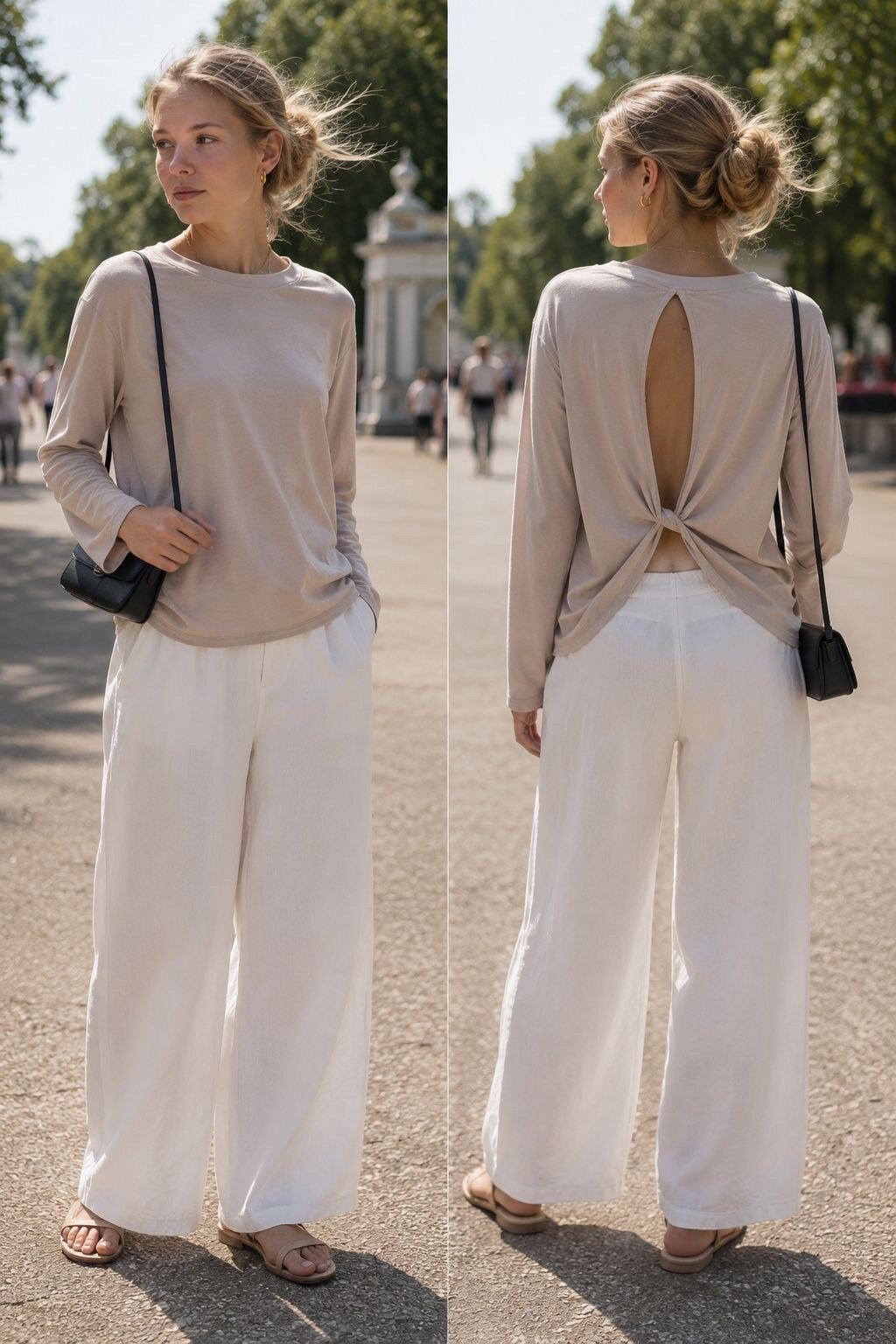 A woman modeling a beige long-sleeve top with a back cutout and tie detail, paired with white wide-leg pants, shown in front and back views outdoors on a sunny day.