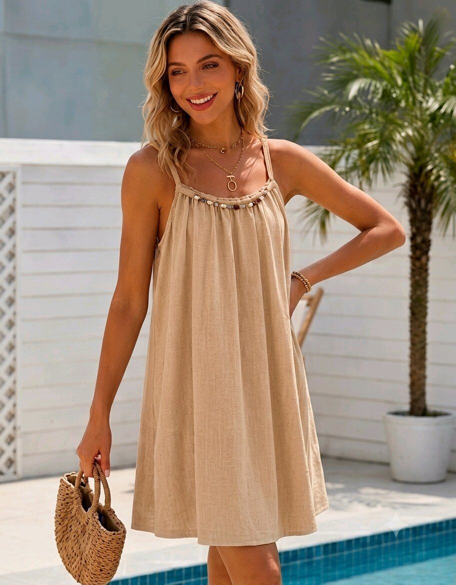 beige strappy viscose dress with pearl trim
