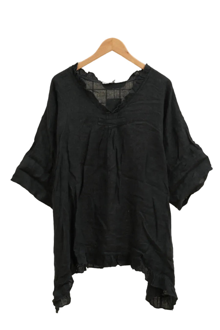 Black shirt on a hanger against a white background