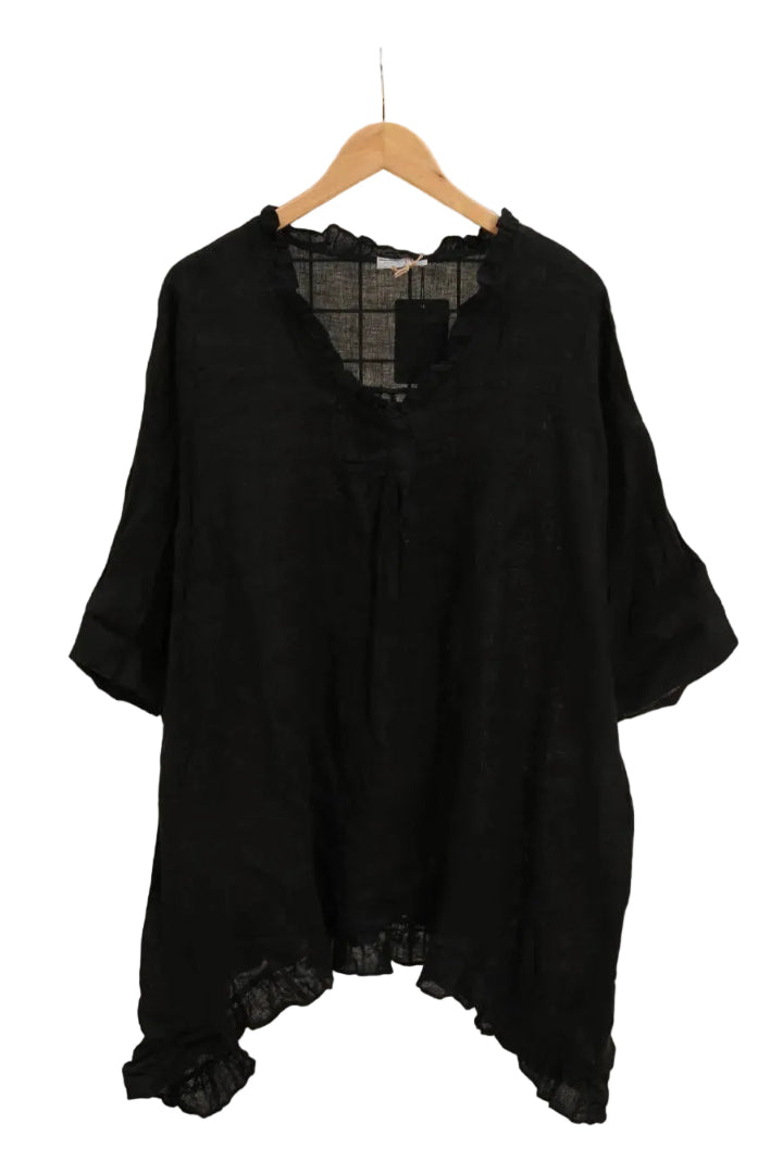 Black linen top hanger against a white background