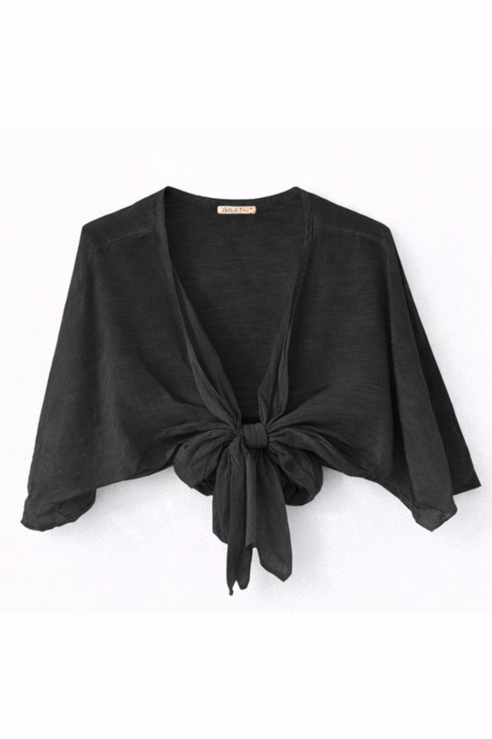 Black bolero with a tie front on a white background