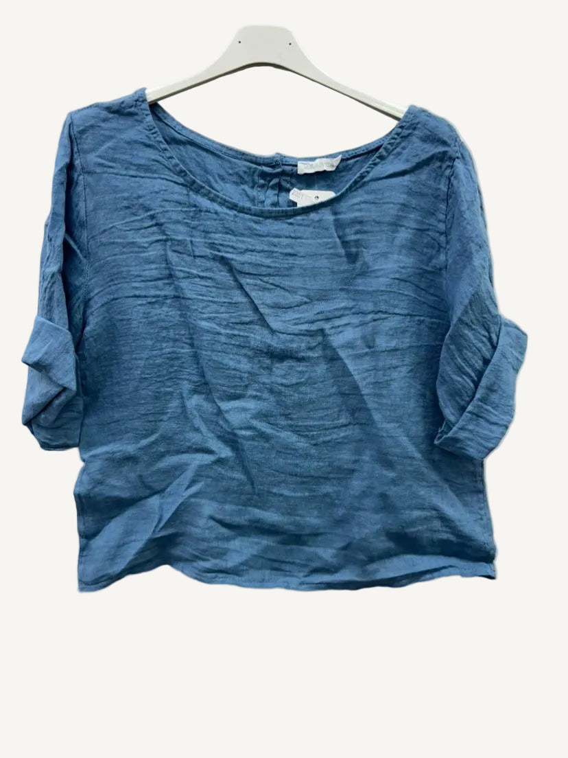 denim blue button back top