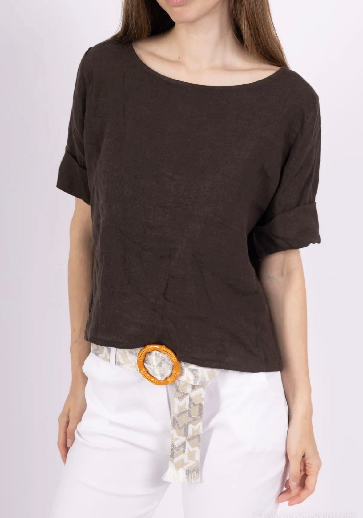 brown linen button back top