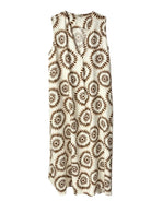 A sleeveless V-neck dress featuring an all-over brown and cream circular floral or sunburst pattern, laid flat against a light off-white background.