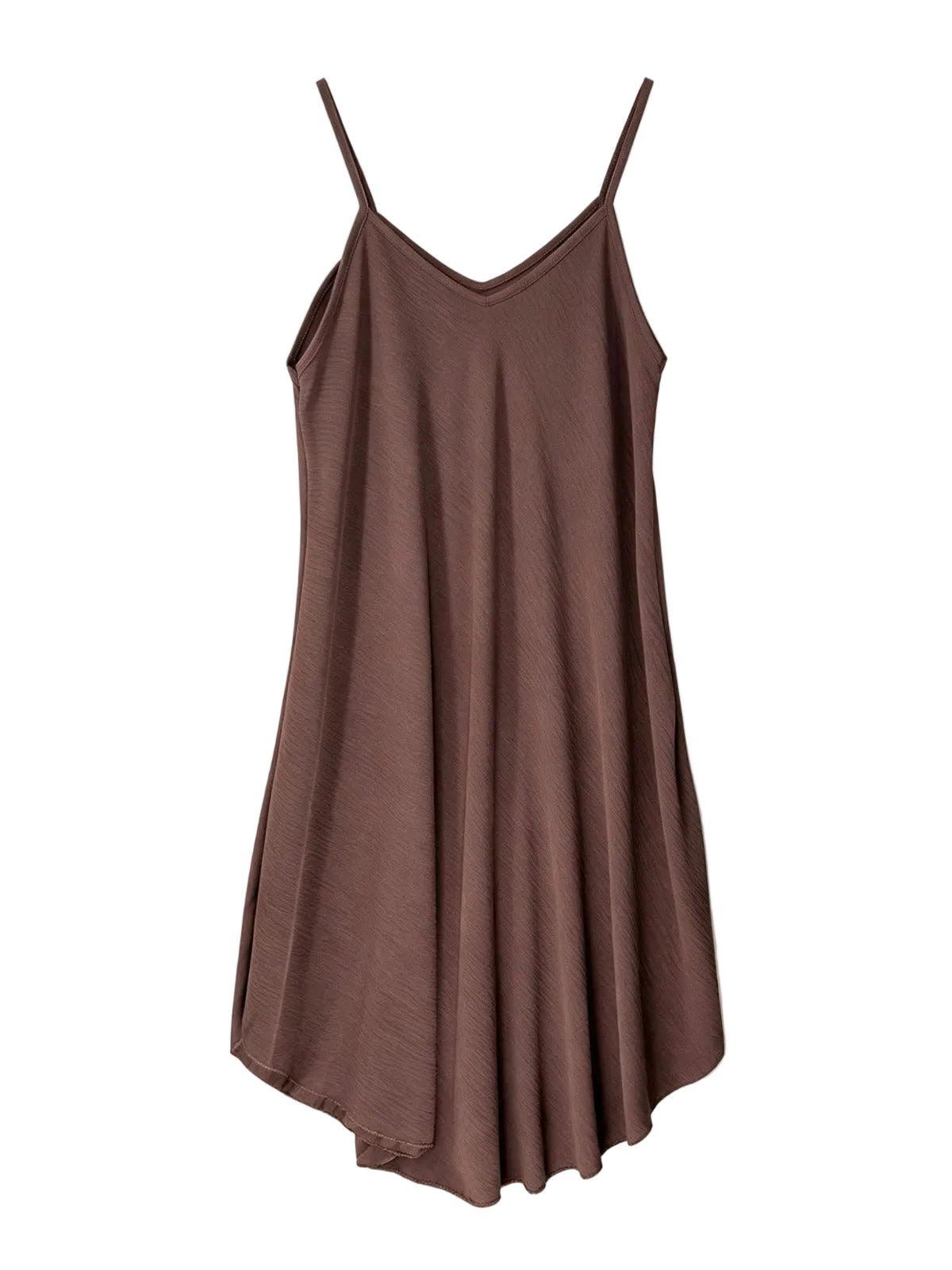 A brown spaghetti-strap slip dress with a V-neckline, shown flat against a light off-white background.