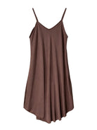 A brown spaghetti-strap slip dress with a V-neckline, shown flat against a light off-white background.