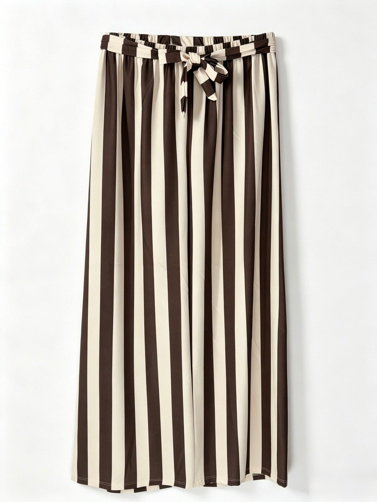 Brown striped palazzo trousers with tie belt