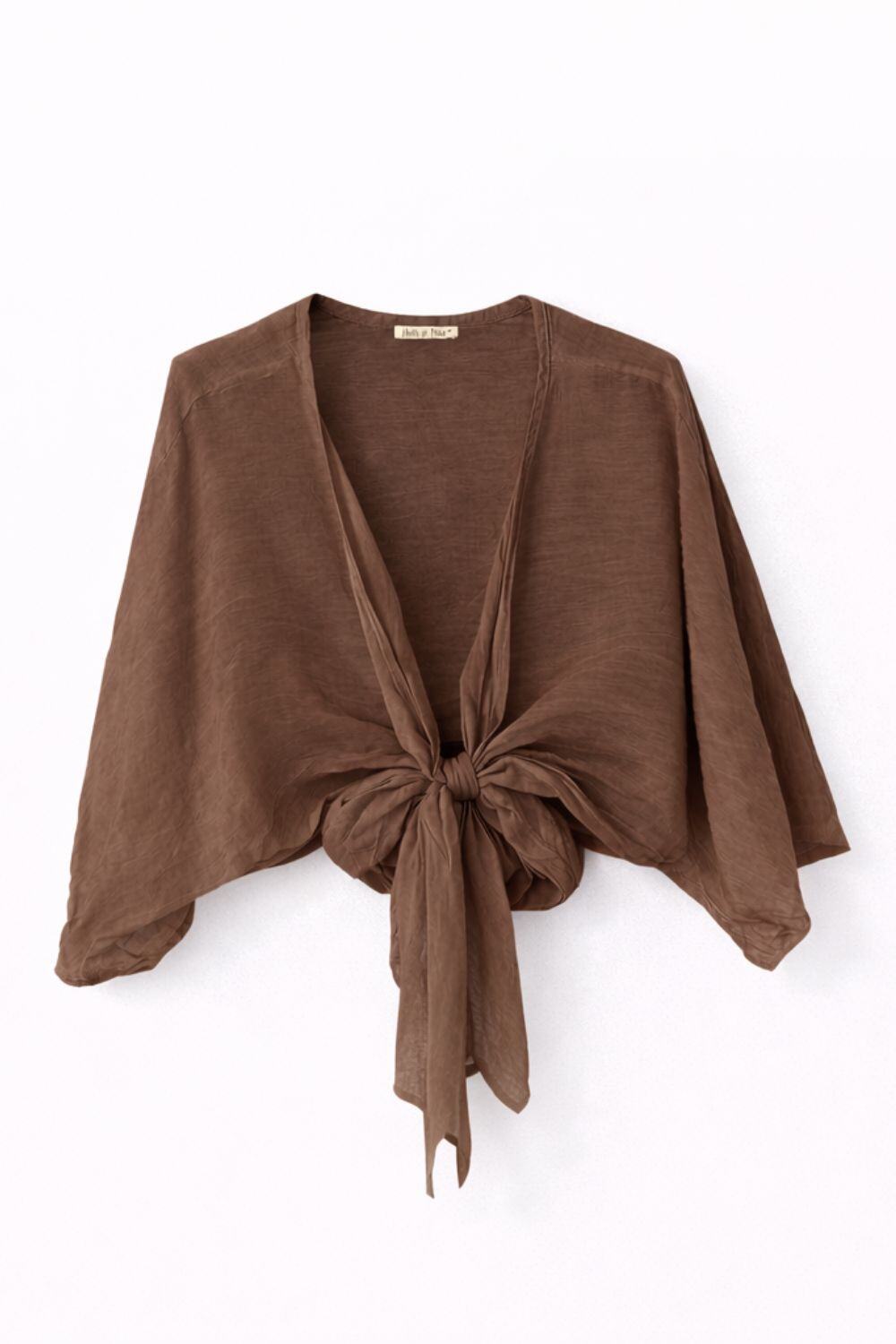 Brown bolero with a tie front on a white background