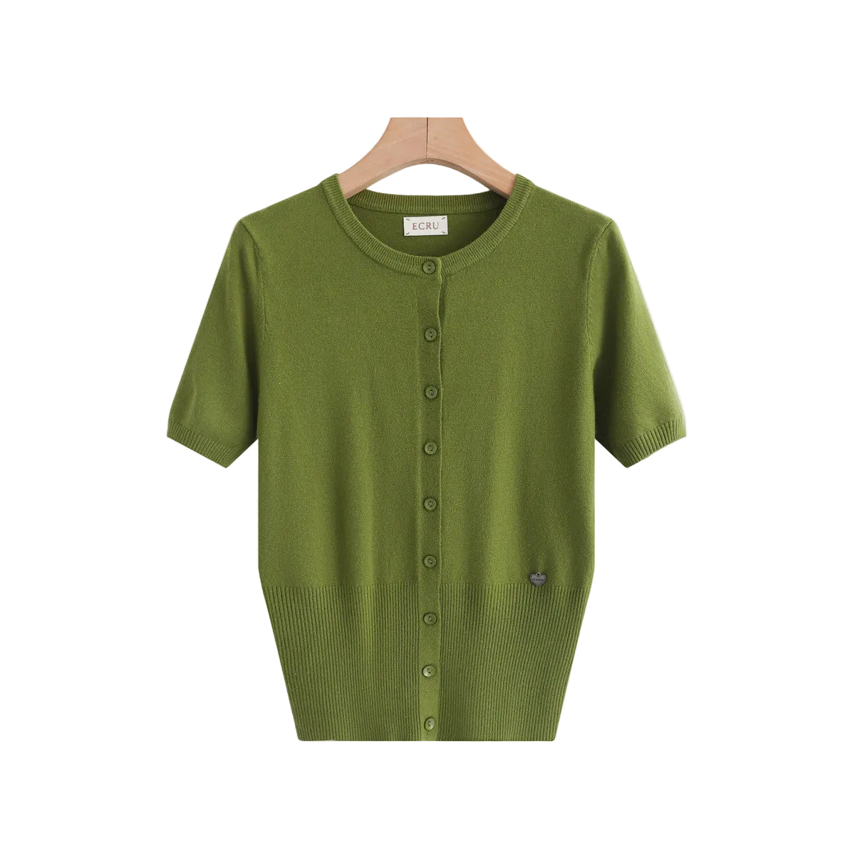 An olive green short-sleeve knit cardigan sweater with a button-up front, hanging on a wooden hanger 