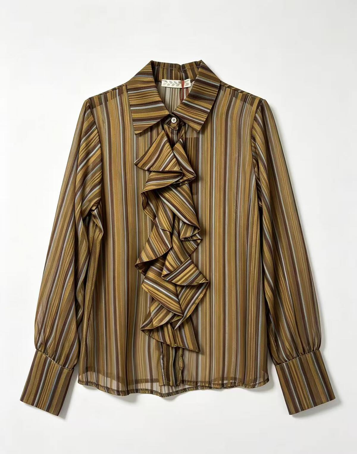 A long-sleeve striped blouse with a ruffled bow detail at the collar, shown flat against a light gray background.