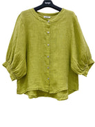 Green shirt on a hanger against a white background