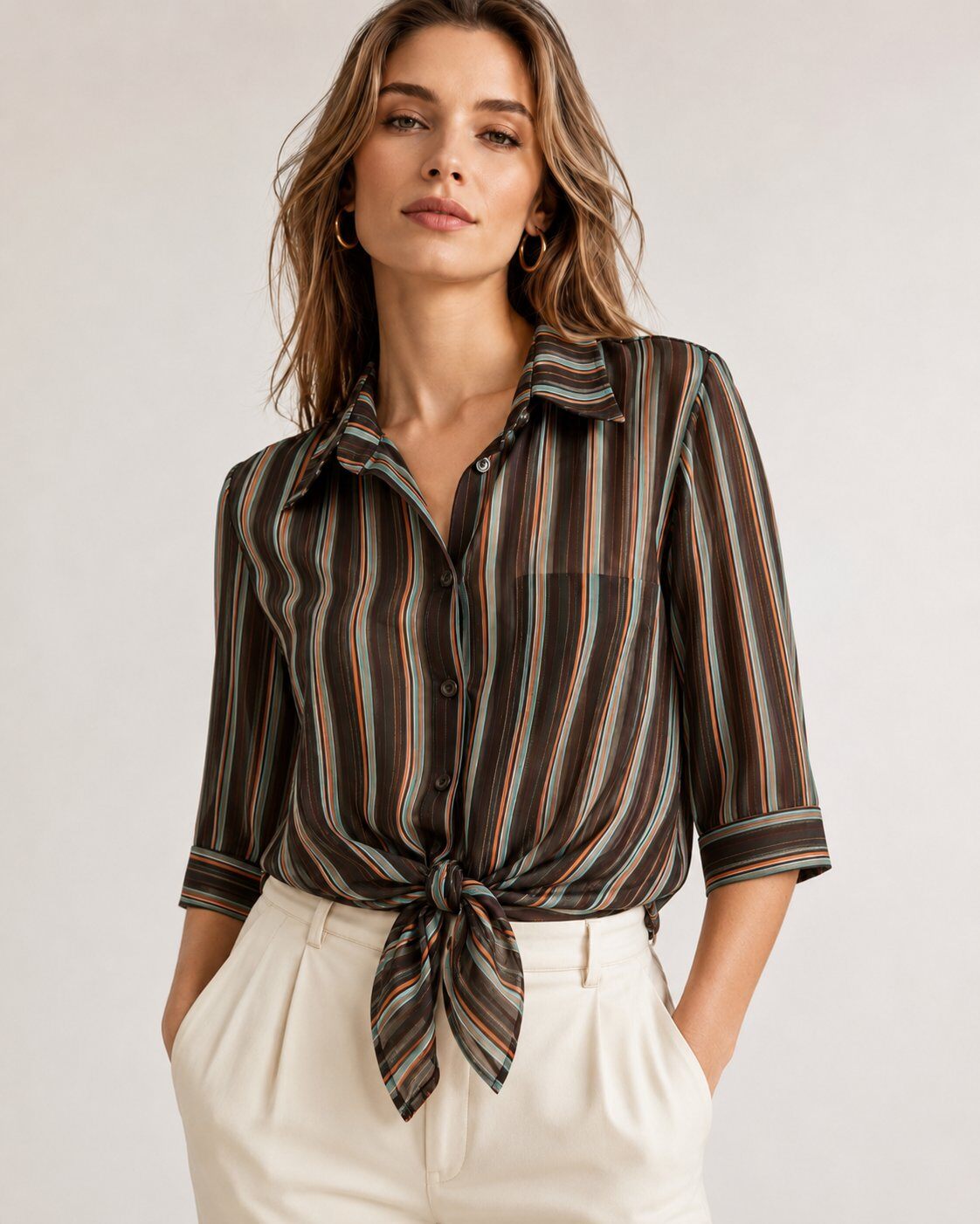A woman wearing a three-quarter sleeve button-up shirt with vertical stripes, tied at the waist, paired with cream trousers, against a light gray studio background.