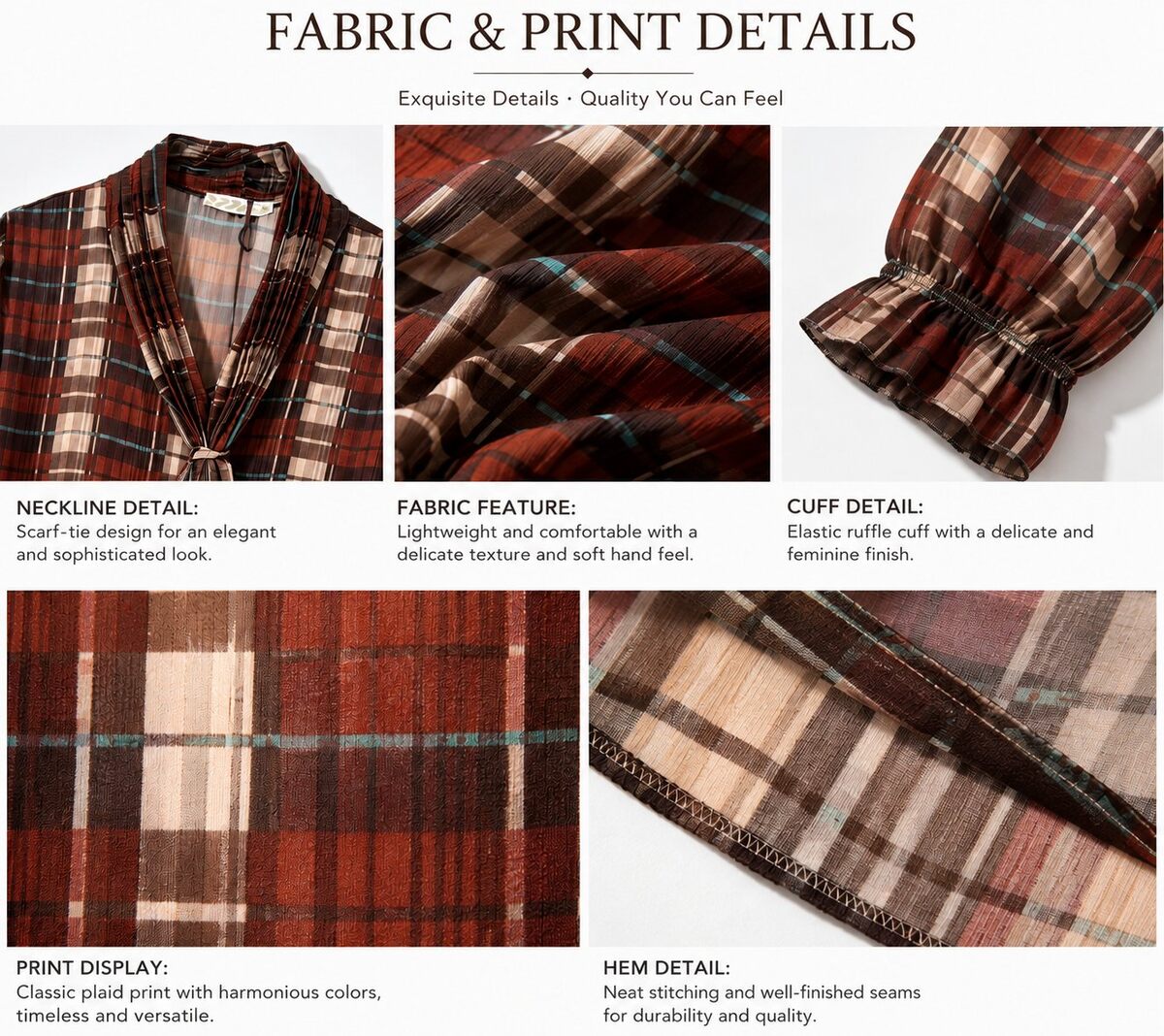 A product detail infographic titled 'FABRIC & PRINT DETAILS' showing multiple close-up views of a plaid fabric. The fabric has a warm rust red, brown, and beige plaid pattern with thin blue and white stripes.