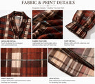 A product detail infographic titled 'FABRIC & PRINT DETAILS' showing multiple close-up views of a plaid fabric. The fabric has a warm rust red, brown, and beige plaid pattern with thin blue and white stripes.