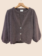 Chocolate brown 3/4 sleeve cardigan in an angora mix with button fastening and v neck