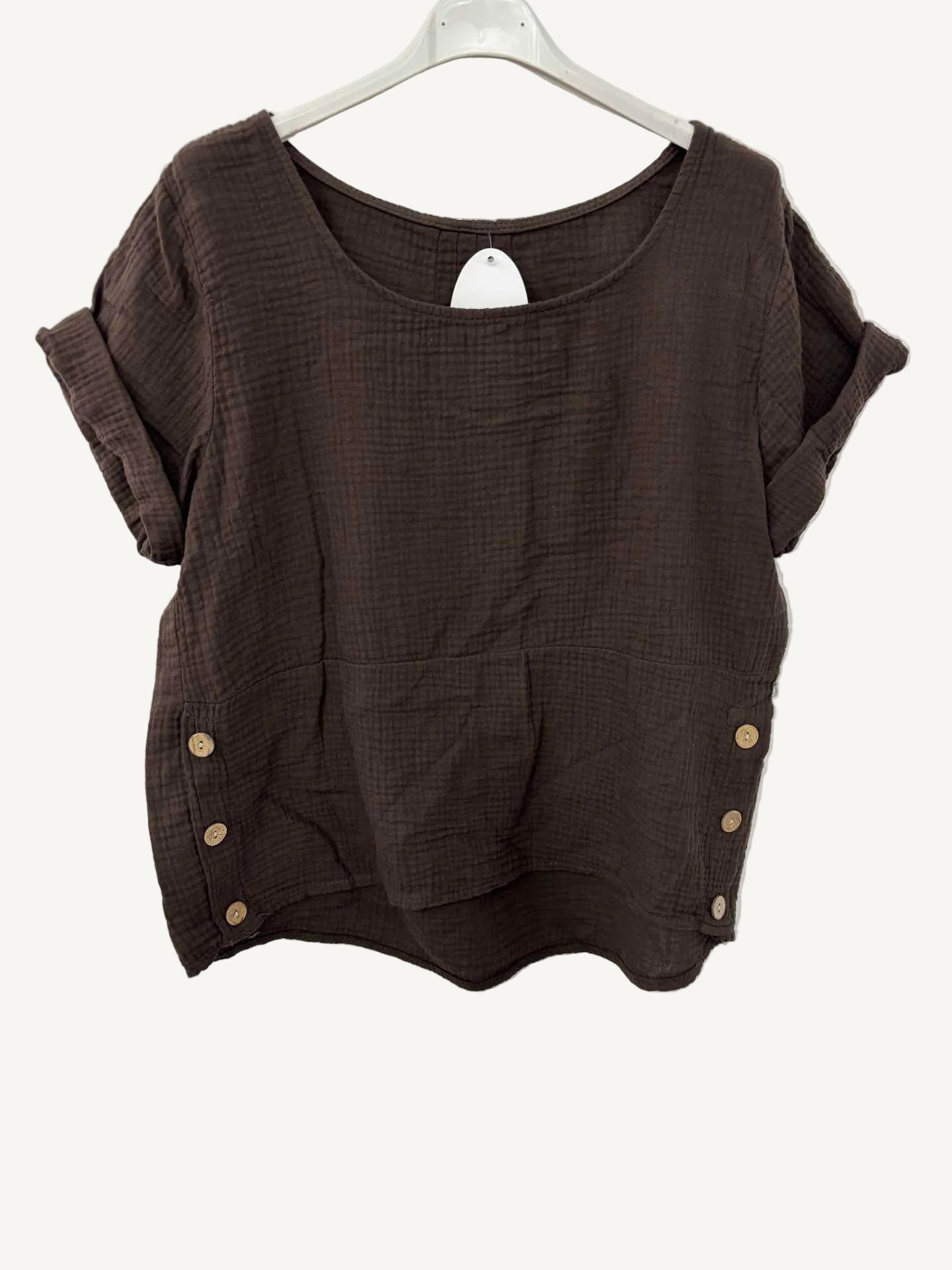 Brown textured top with button details on a white background