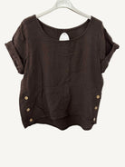 Brown textured top with button details on a white background