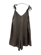 A dark brown linen mix playsuit with tie-shoulder straps,
