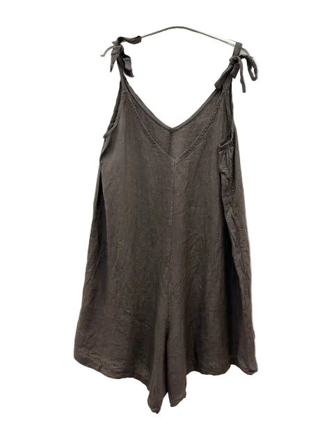 A dark brown linen mix playsuit with tie-shoulder straps,