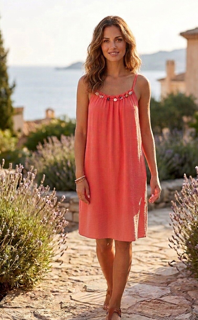 Coral strappy dress with pearl detail