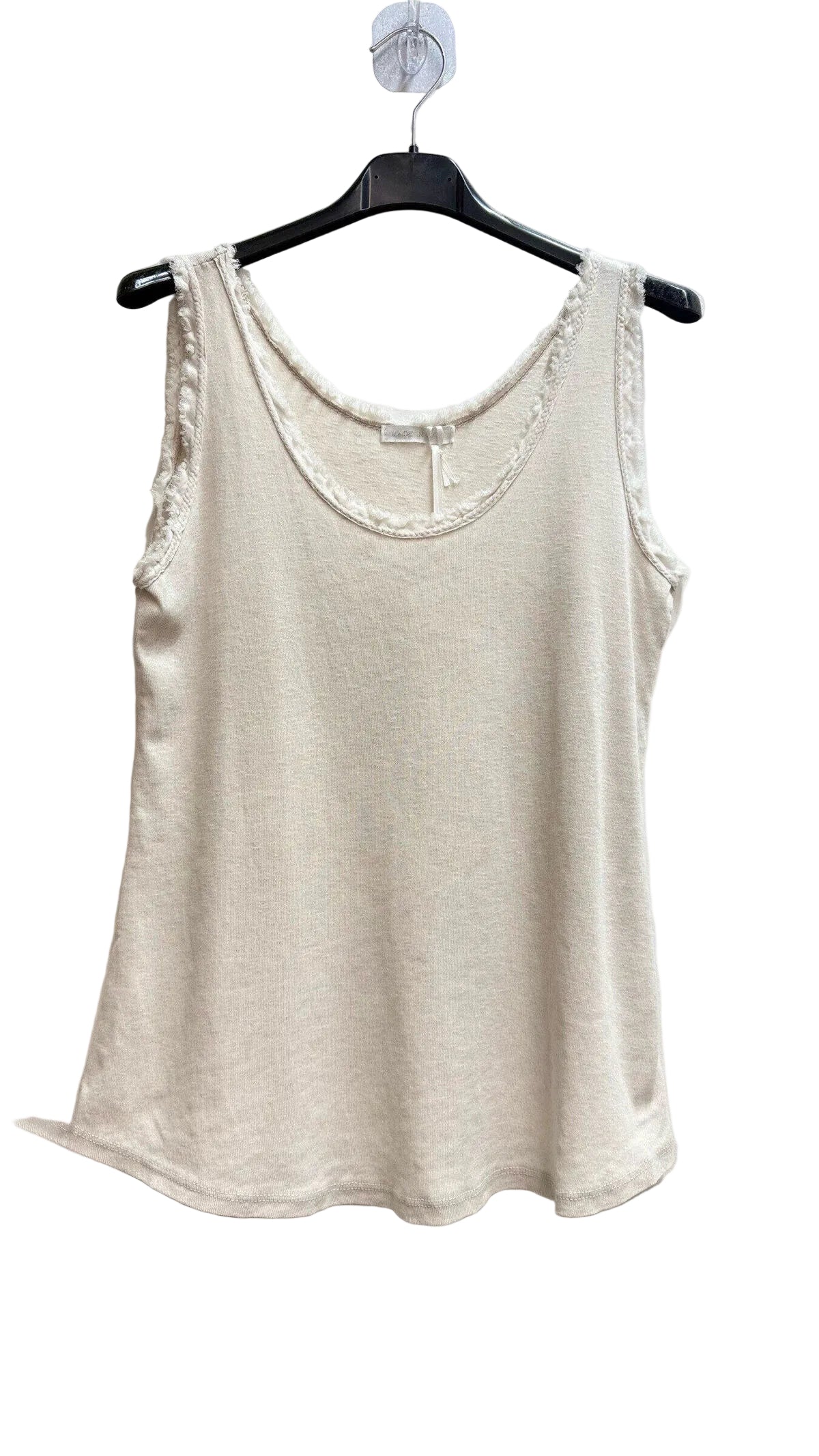 A light beige sleeveless tank top with a scoop neckline and delicate lace trim, hanging on a black hanger against a plain off-white wall.