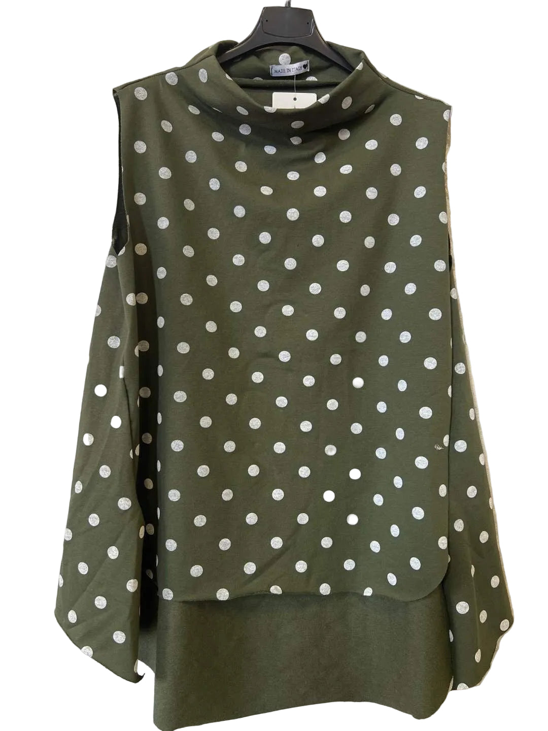 An olive green sleeveless mock-neck top with a white polka dot pattern, 