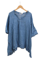 Blue denim shirt on a hanger against a white background