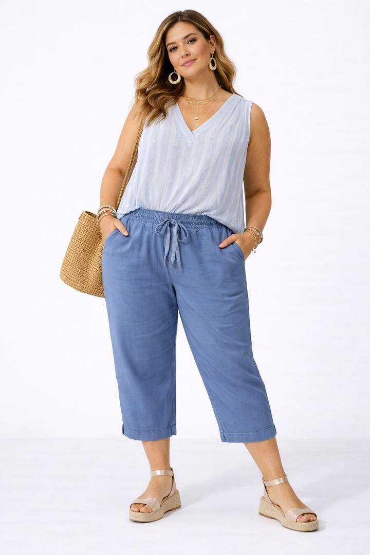 Woman wearing a white sleeveless top and denim blue pants, holding a woven bag on a white background