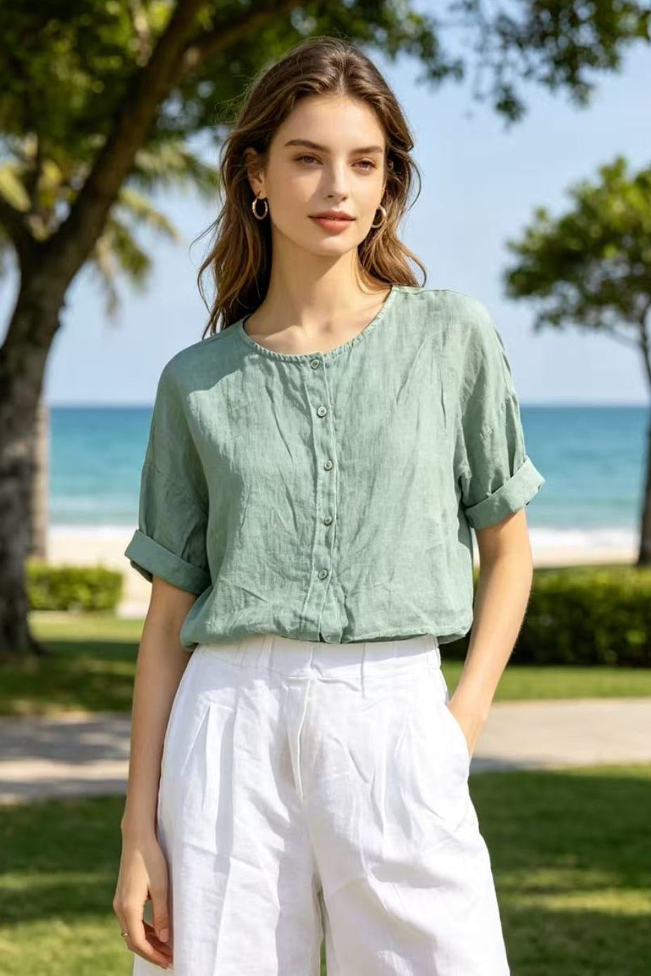 duck green button front linen shirt