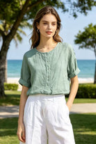 duck green button front linen shirt
