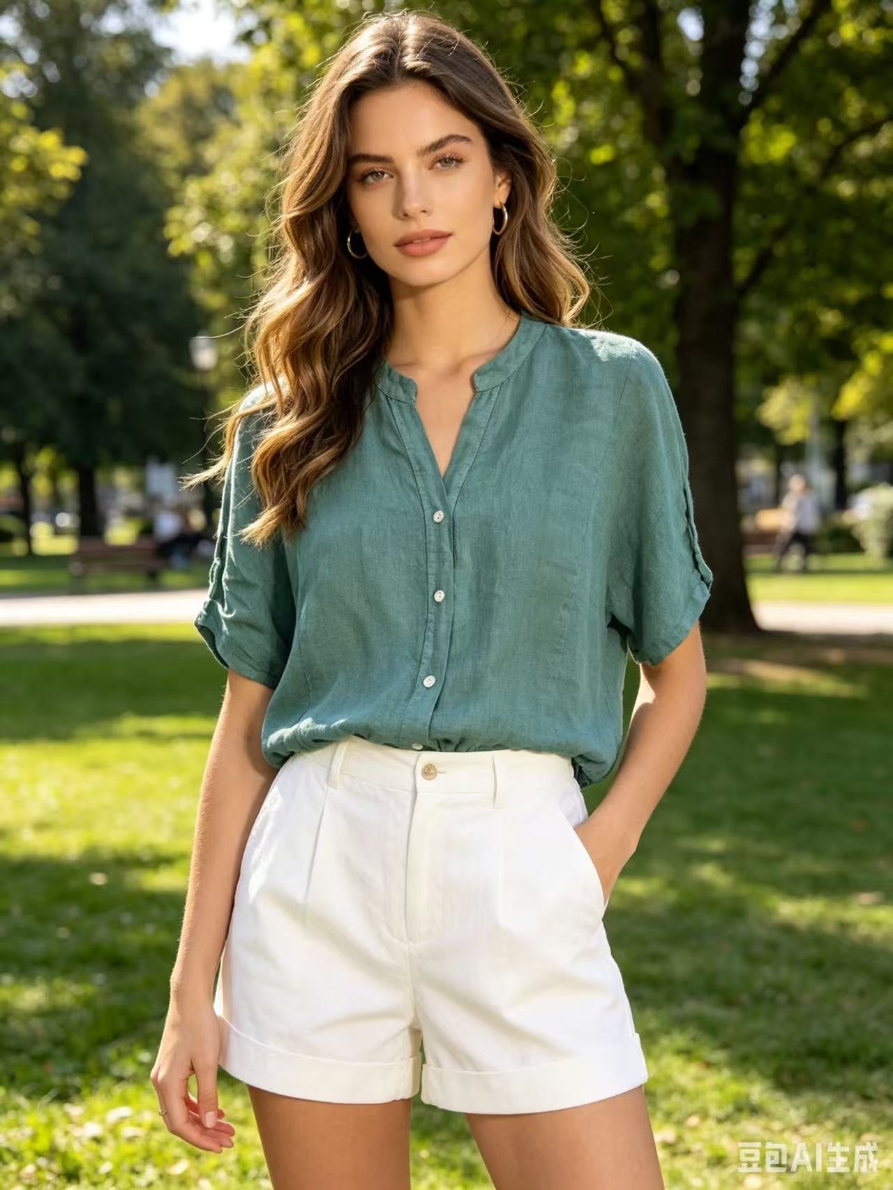 Woman wearing a green shirt and white shorts standing in a park.