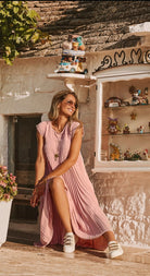 pink pleated long dress