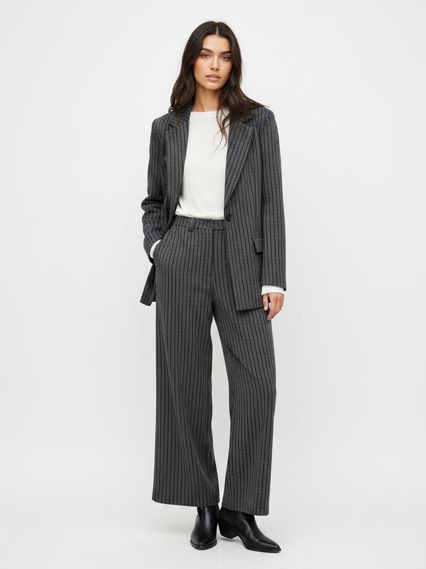 A woman modeling a dark gray pinstripe blazer and matching wide-leg trousers, styled with a white top and black ankle boots, against a plain white studio background.