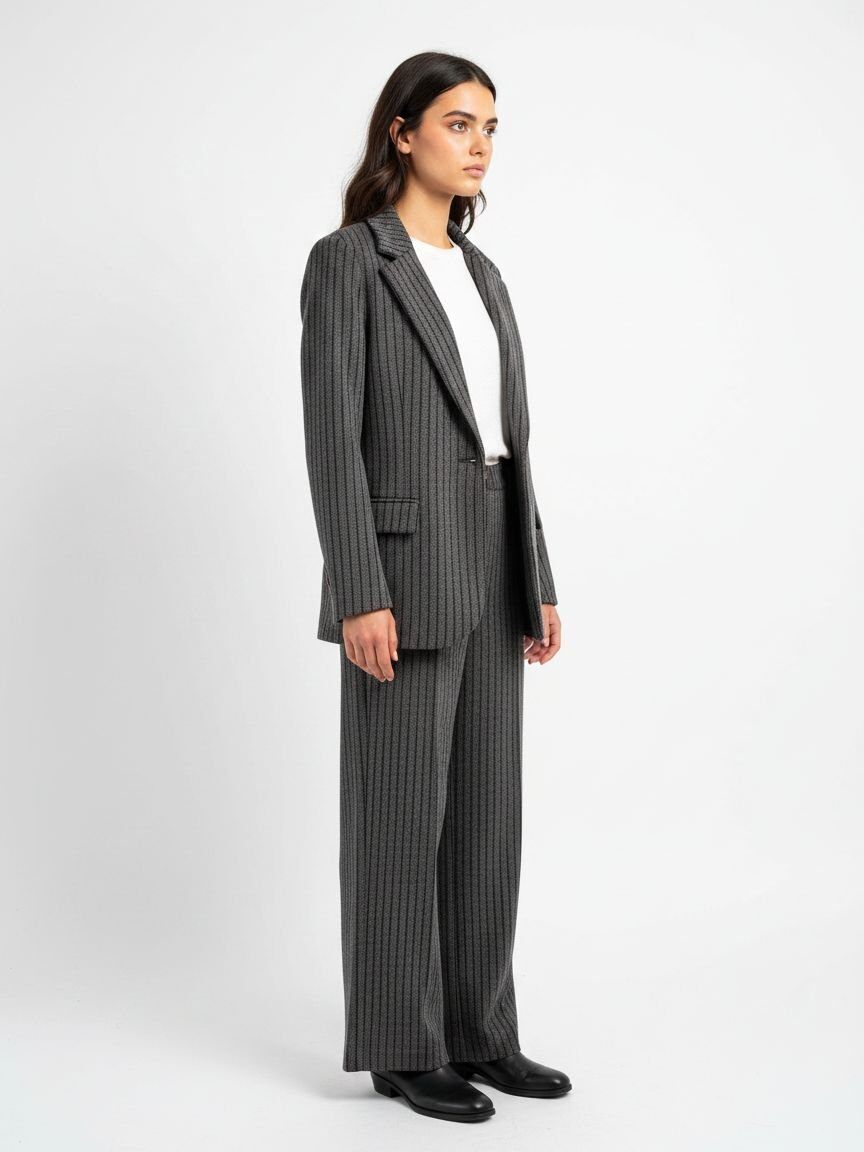 A woman modeling a dark gray pinstripe blazer and matching wide-leg trousers over a white top and black shoes, photographed against a light gray studio background.
