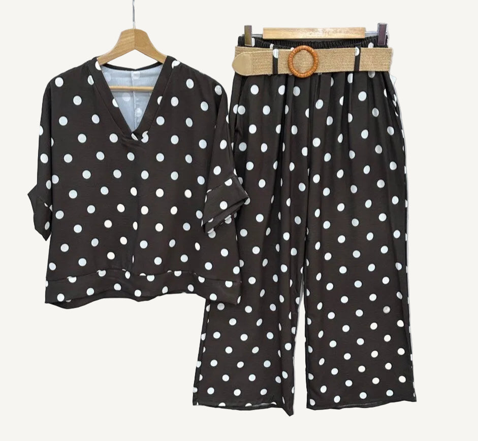 Brown polka dot two piece trouser set