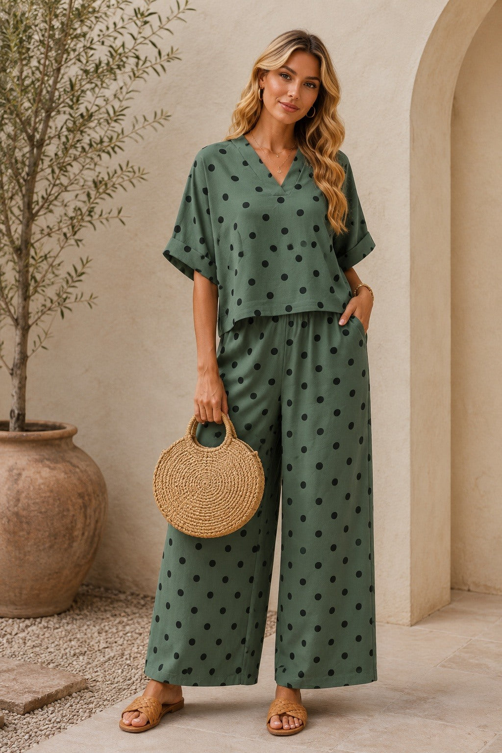 Woman in a green polka dot outfit holding a woven bag indoors.