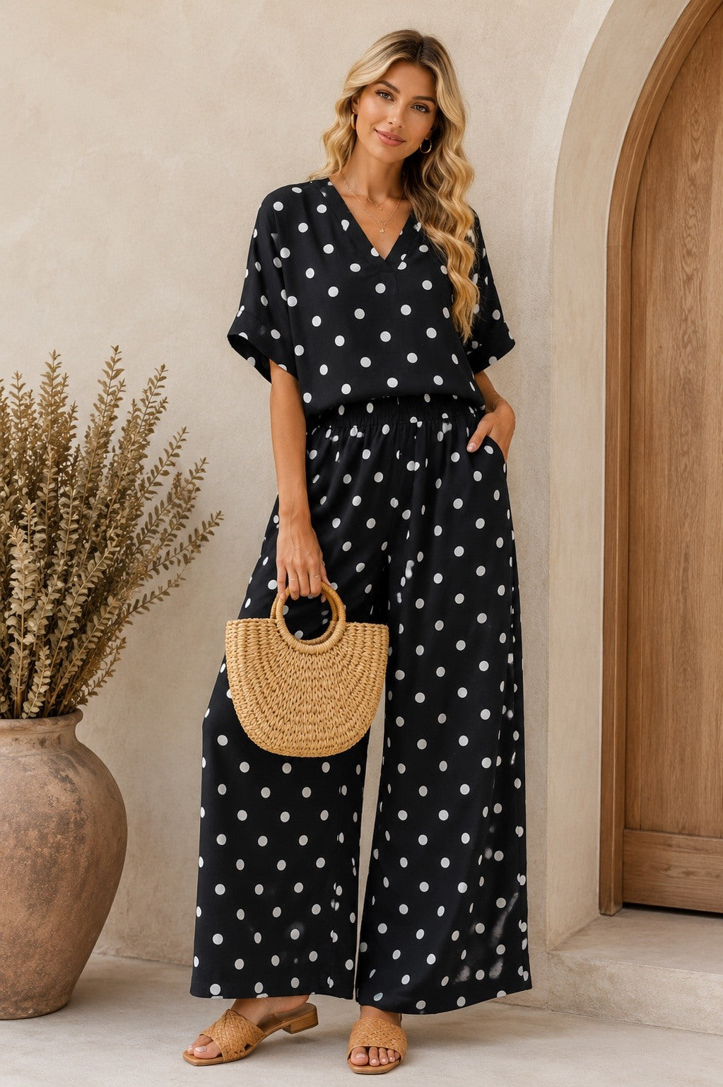 Woman wearing a black polka dot jumpsuit standing in front of a wooden door.