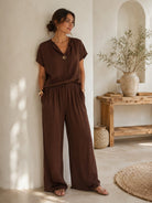 two piece outfit of trousers and top in chocolate