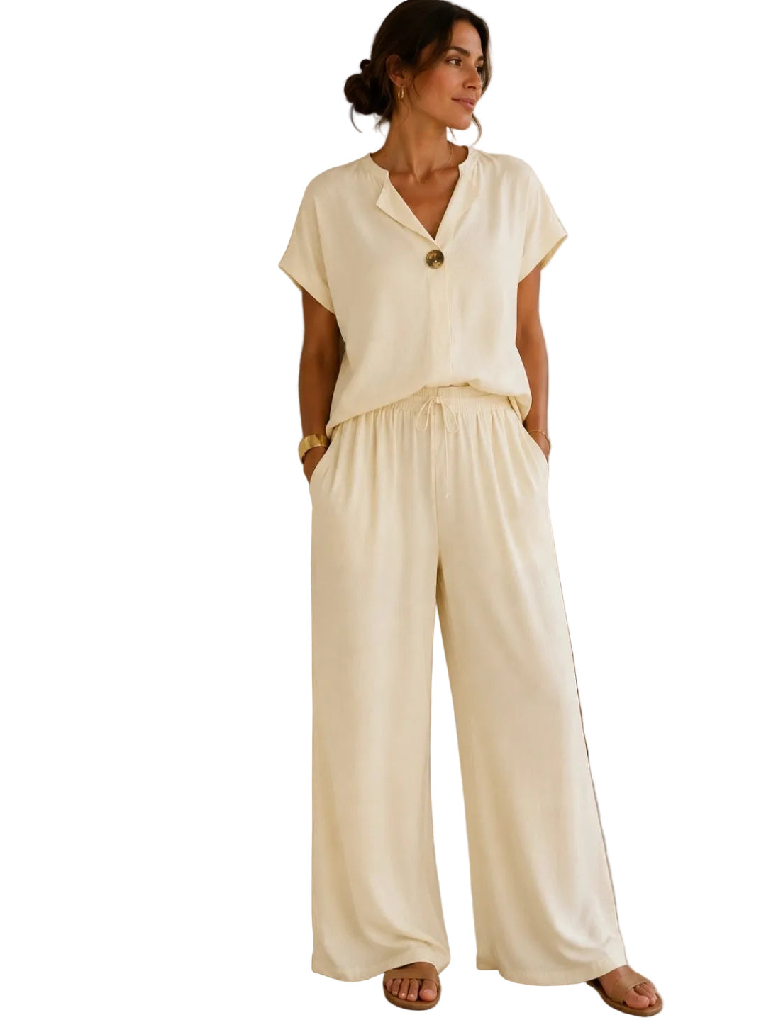 Woman wearing a vanilla outfit two piece set