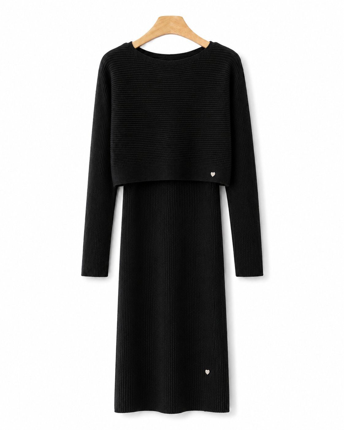 A black ribbed knit sleeveless dress with a cropped matching sweater