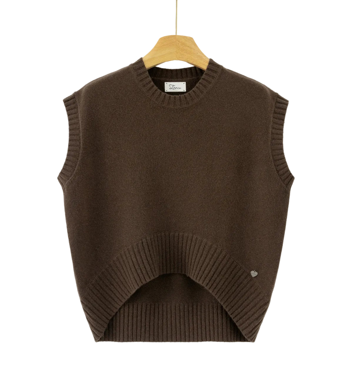 A brown ribbed knit sweater vest with a high-low hem, hanging on a wooden hanger against a white background. 