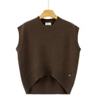A brown ribbed knit sweater vest with a high-low hem, hanging on a wooden hanger against a white background. 