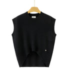A black sleeveless knit sweater vest with a crew neck 