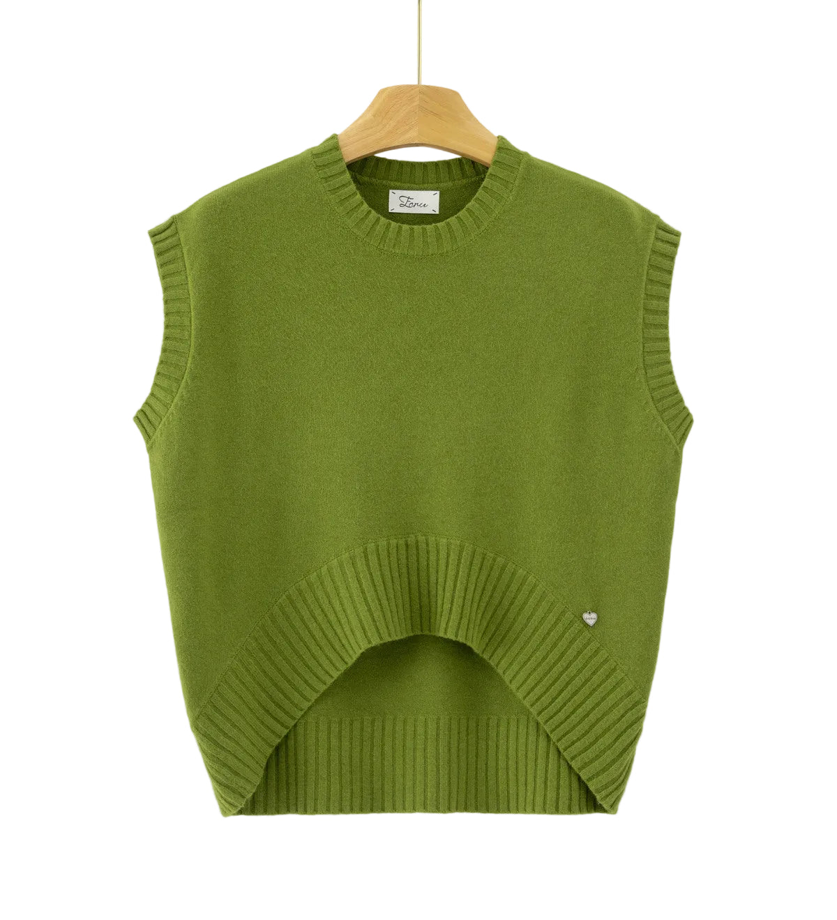 An olive green sleeveless knit sweater vest with a high-low hem and ribbed trim, 