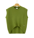 An olive green sleeveless knit sweater vest with a high-low hem and ribbed trim, 